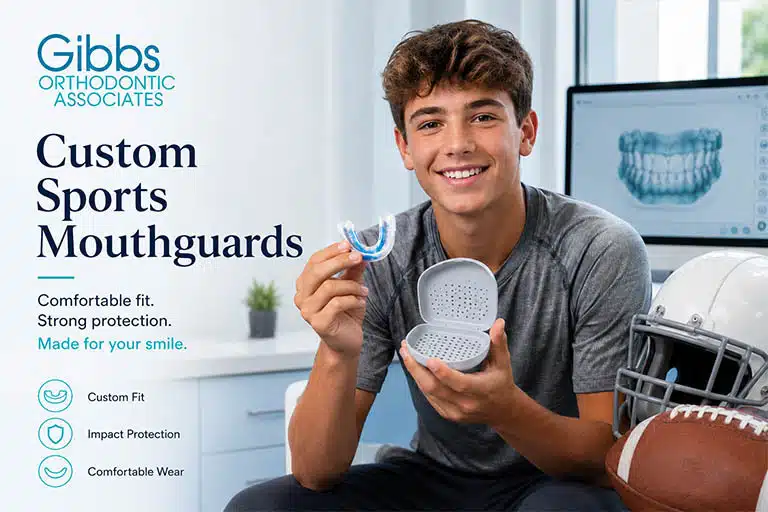 Custom-fit sports mouthguard for teen athletes at gibbs orthodontic associates designed for impact protection, comfort, and athletic wear.