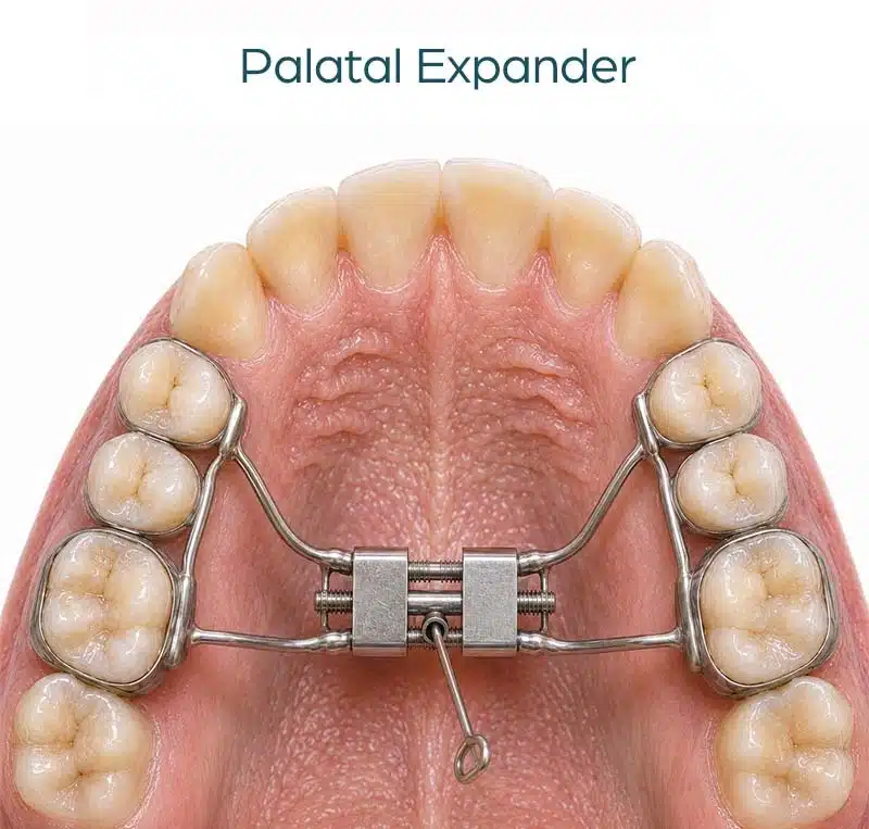 upper-arch view of a Hyrax palatal expander with a small activation key, showing molar and premolar bands for orthodontic expansion at Gibbs Orthodontics.
